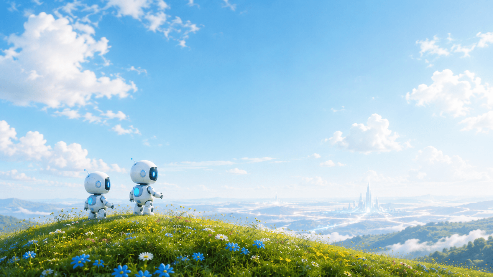 Two AI assistants walking across a sunlit hillside.