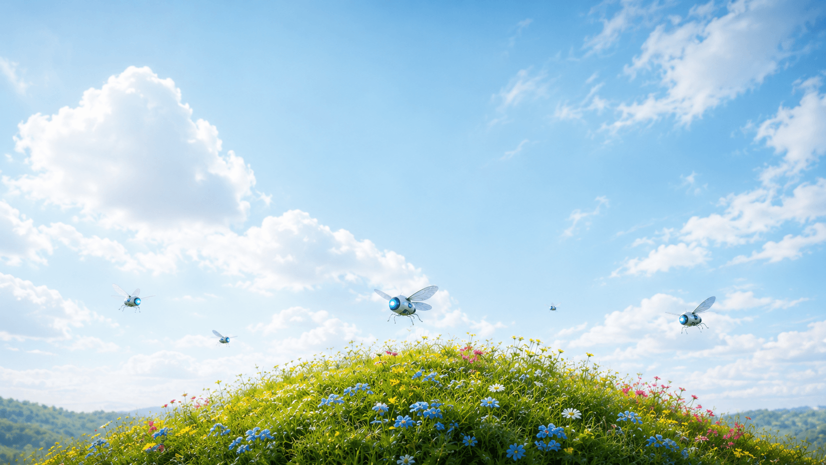 AI drone assistants hovering above a flowering hillside.