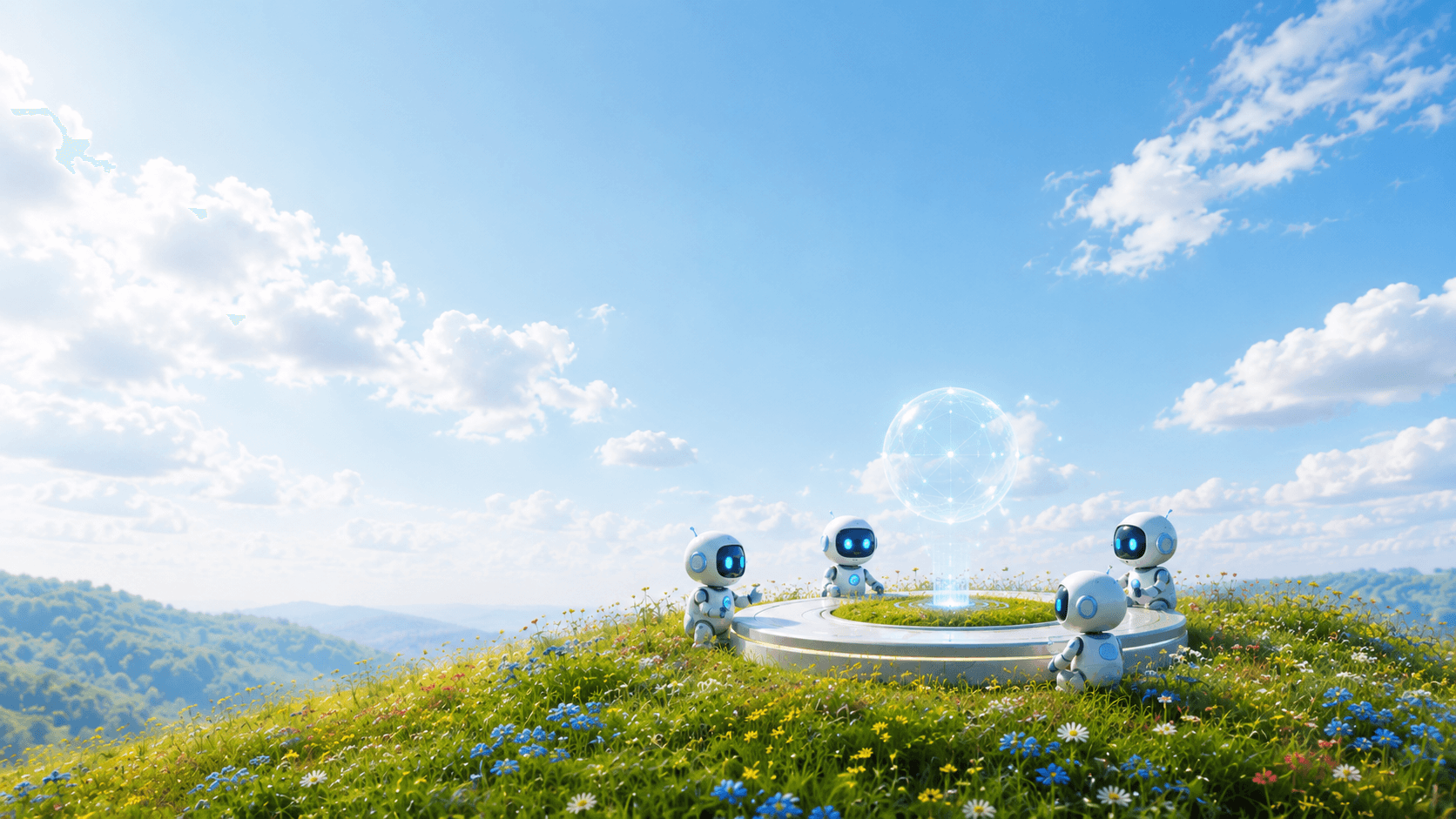 A Cabinet of robot secretaries gathered around a long council table.