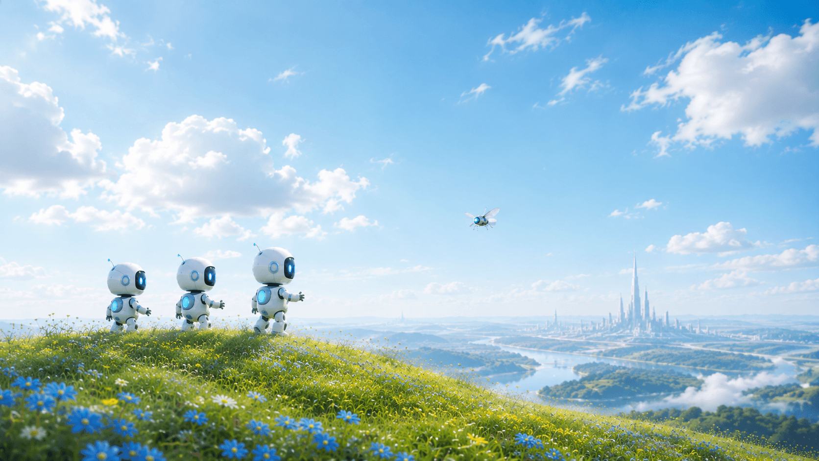 Cabinet secretaries on a hilltop overlooking a futuristic city on the horizon.