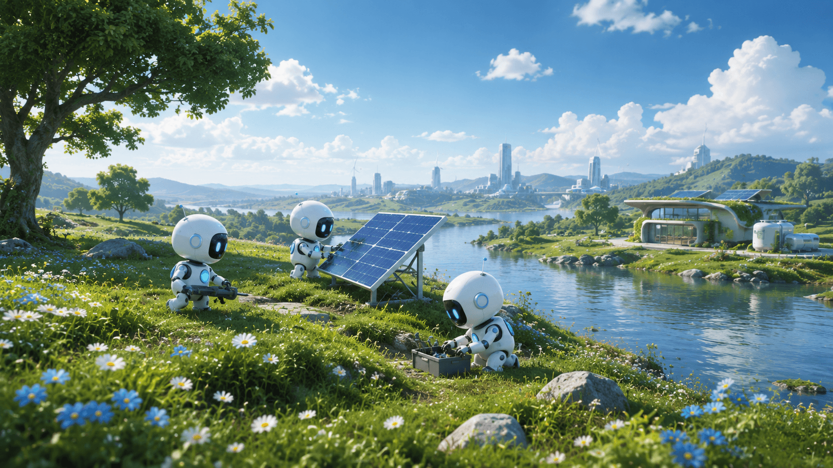 Robots building and installing infrastructure by a river.