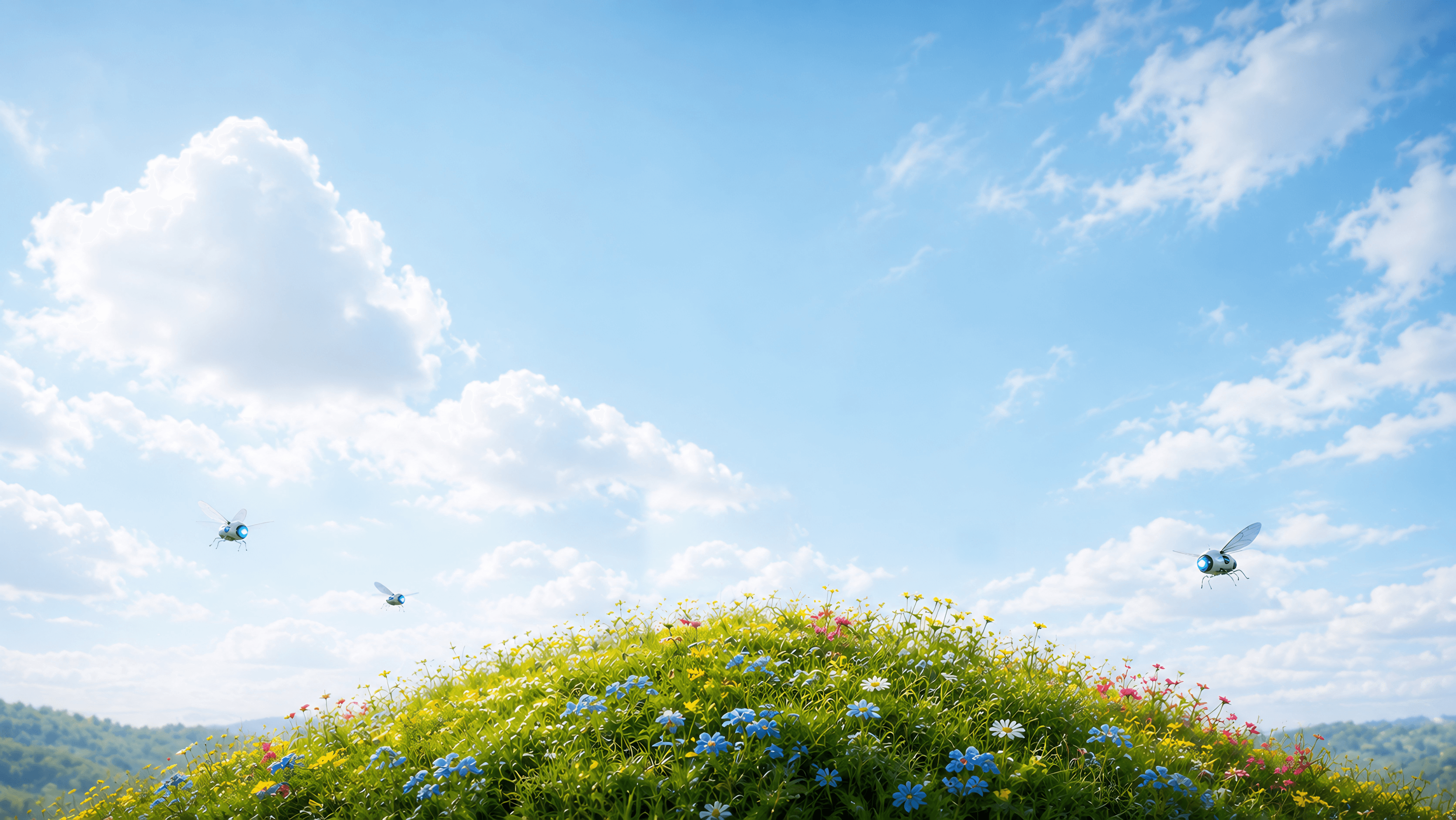 Bright hillside with small AI assistants in flight.